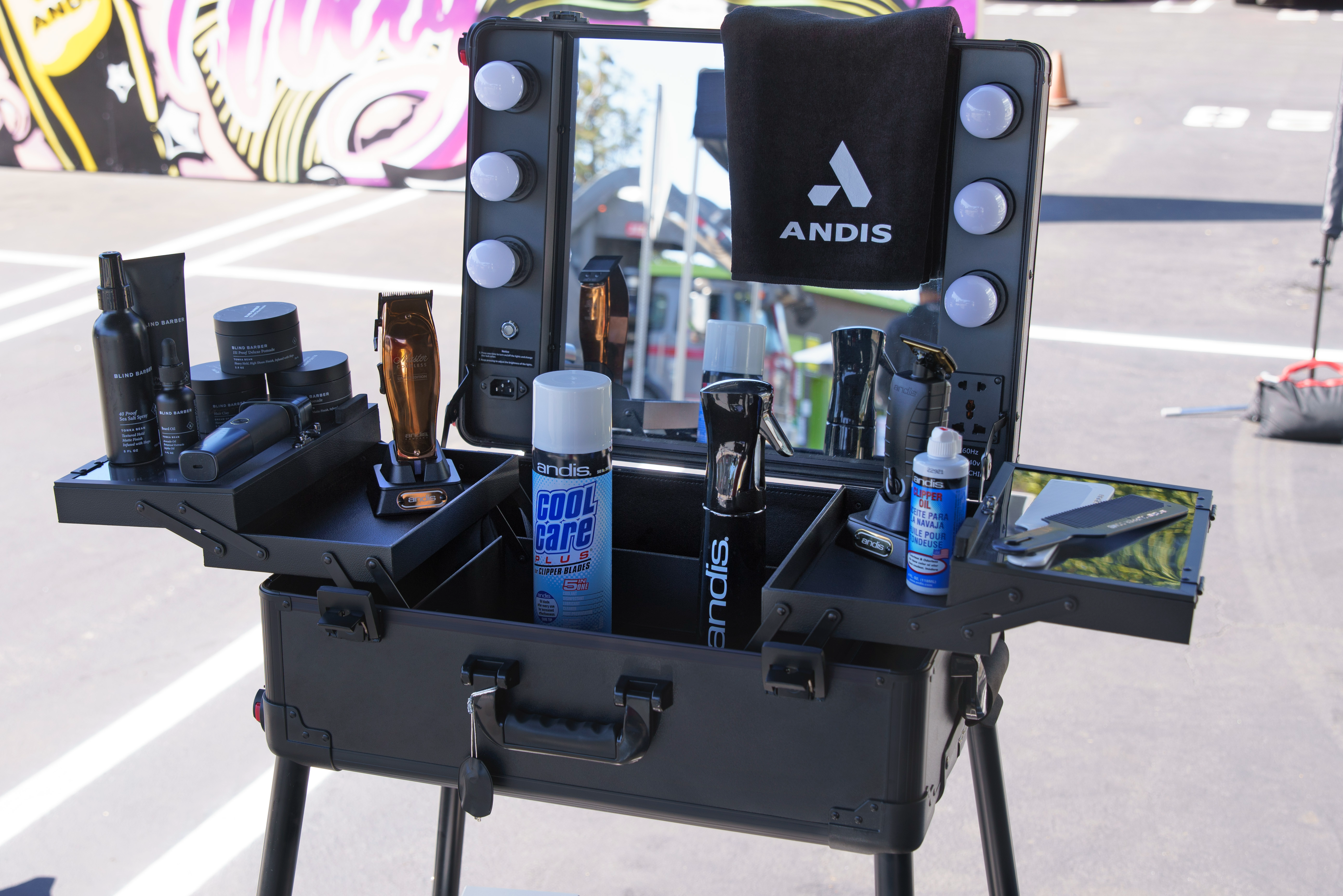 Brighter Community Venice Beach barber stand with Andis product